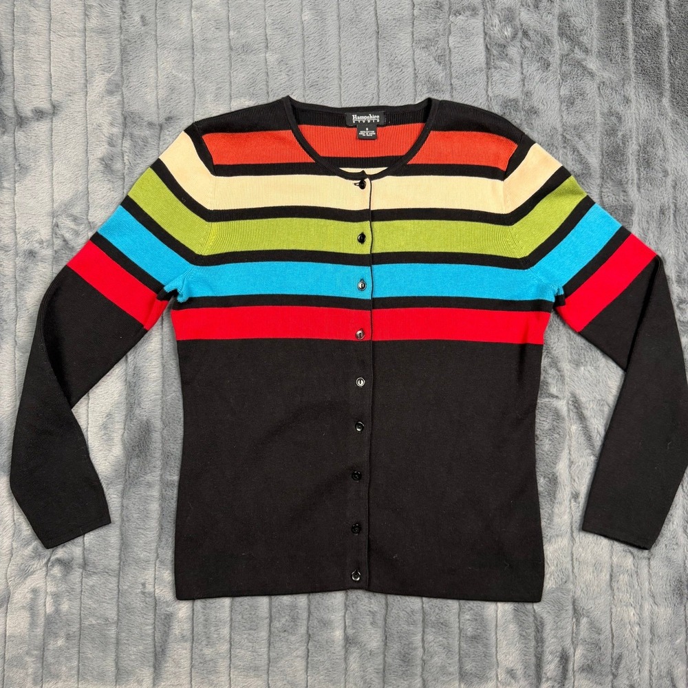 Hampshire Studio Womens Striped Button Front Cotton Cardigan Sweater Black S